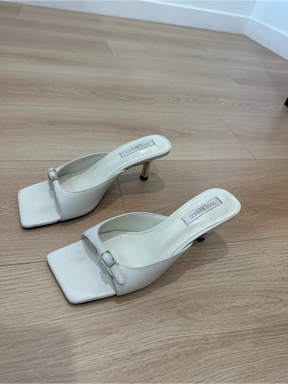 Tony Bianco Cream-White Square Toe Mule Heels